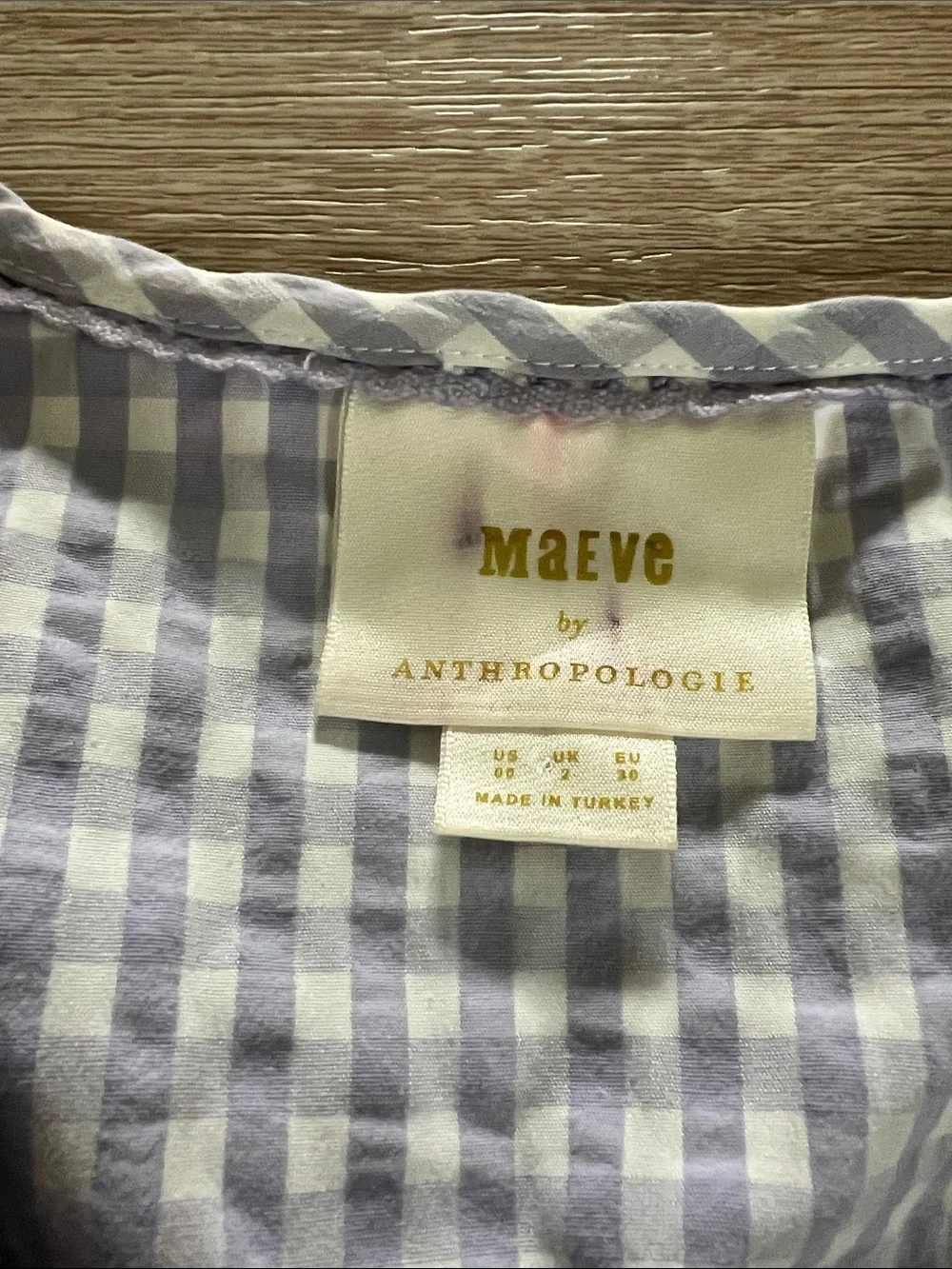 Anthropologie lavender and White Gingham Tie-Front Puff Sleeve Blouse